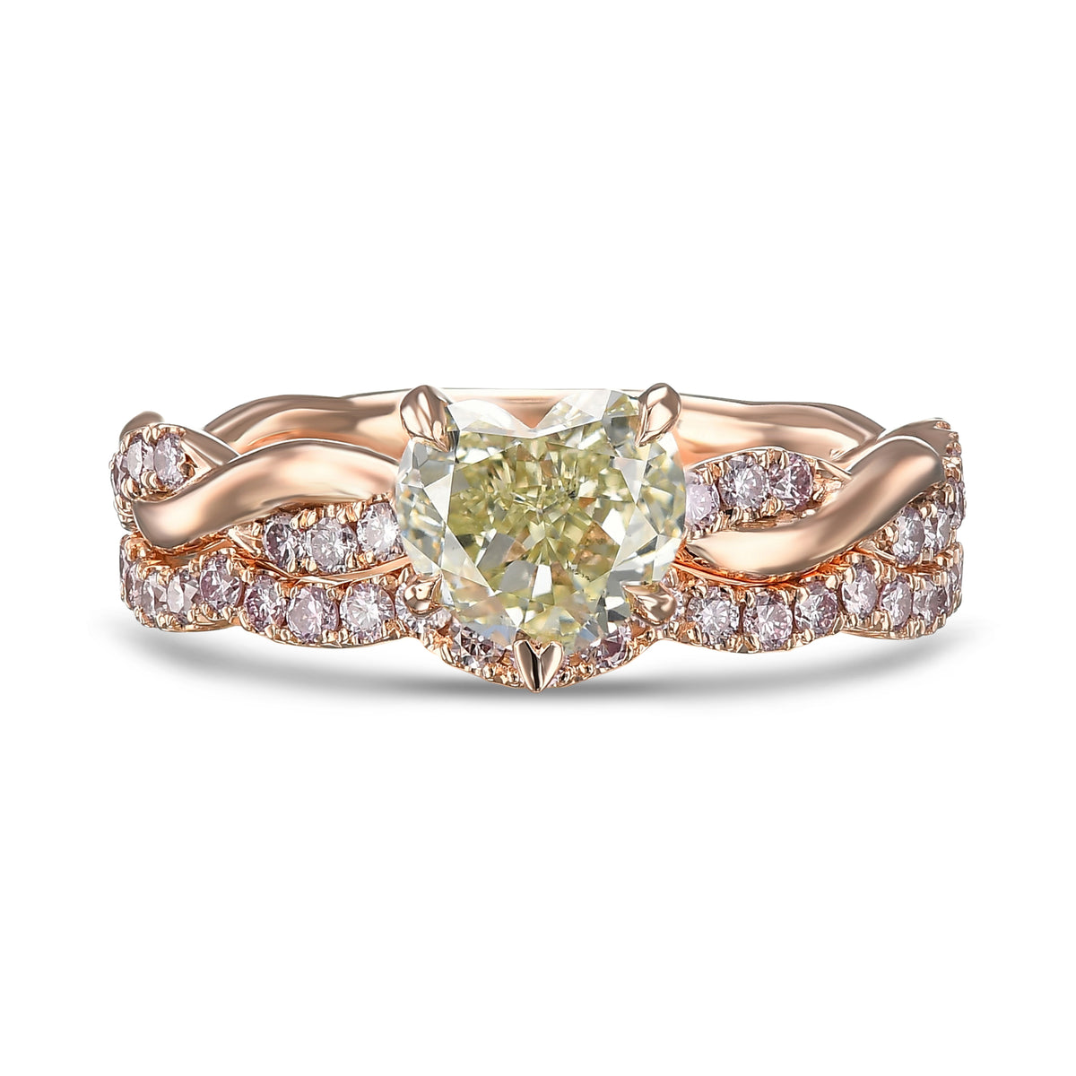 Fancy Intense Yellowish Green Heart Diamond Wedding Set Rings