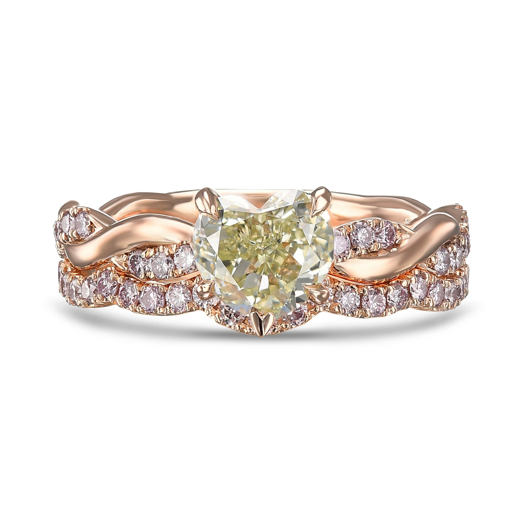 Fancy Intense Yellowish Green Heart Diamond Wedding Set Rings