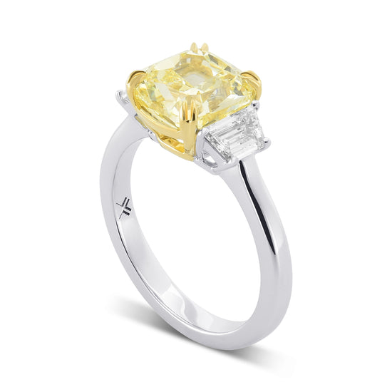 Fancy Yellow Cushion & Trapezoid 3-stone Diamond Ring