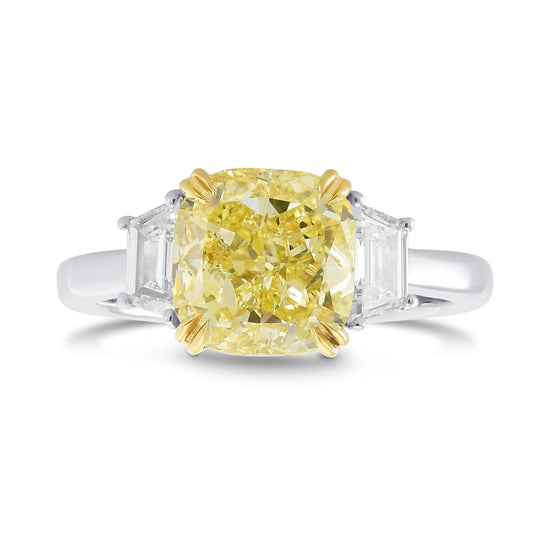 Fancy Yellow Cushion & Trapezoid 3-stone Diamond Ring