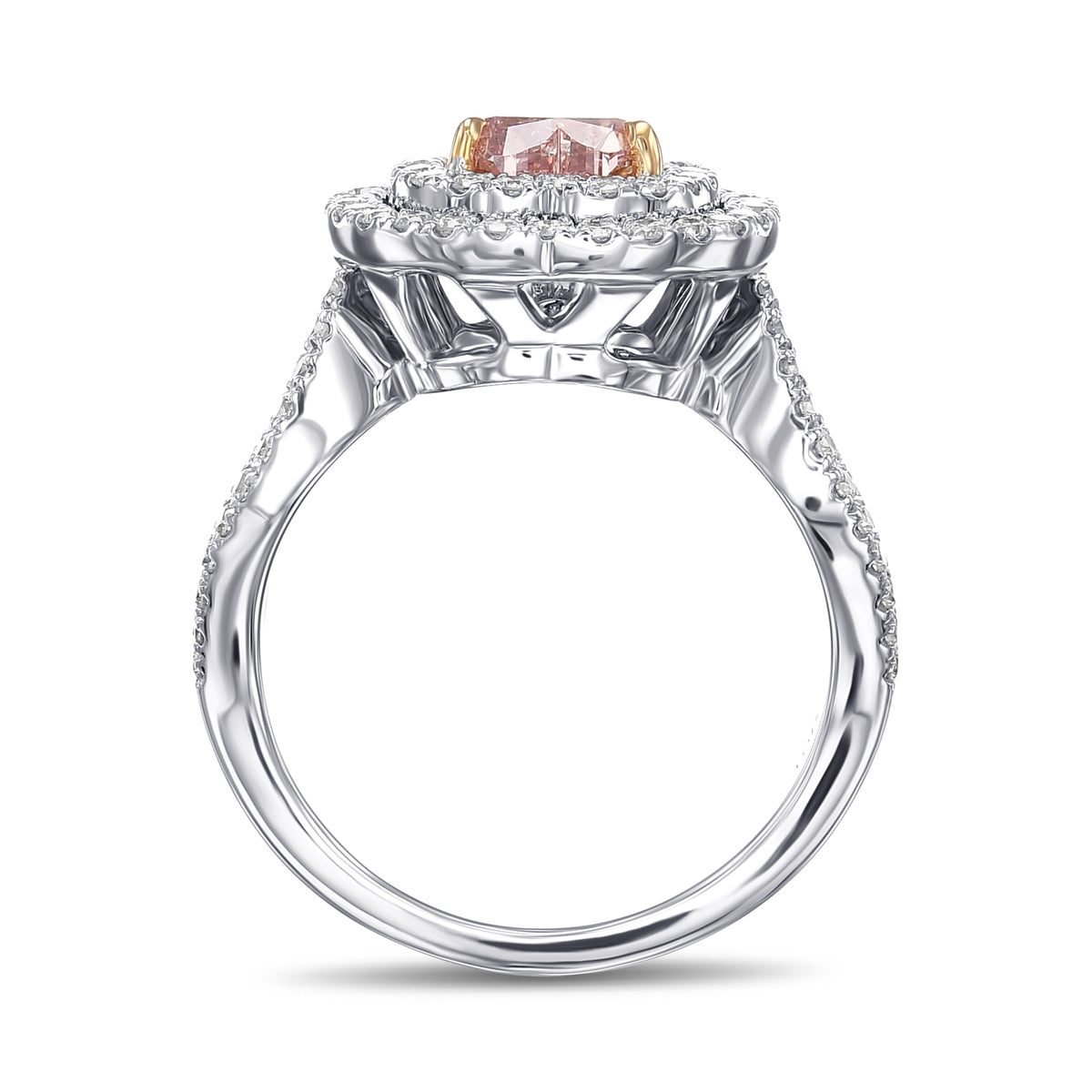 Extraordinary Fancy Orangy Pink Heart Double Halo Diamond Ring