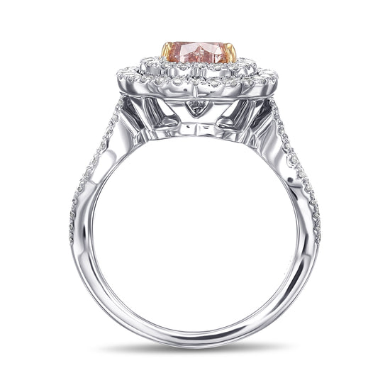 Extraordinary Fancy Orangy Pink Heart Double Halo Diamond Ring