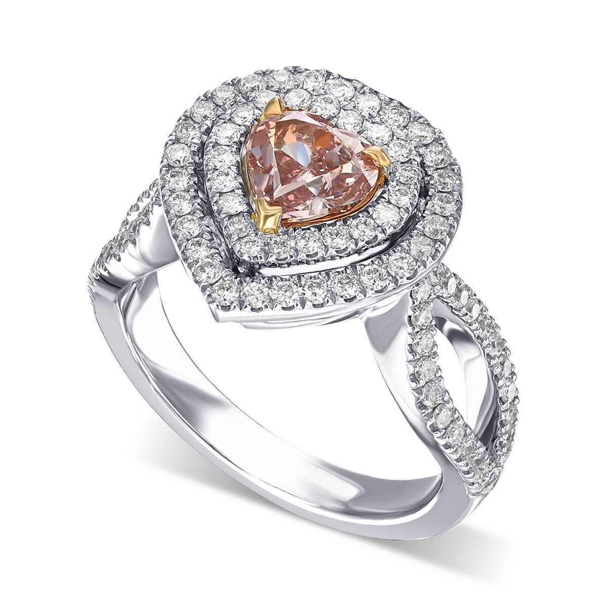 Extraordinary Fancy Orangy Pink Heart Double Halo Diamond Ring