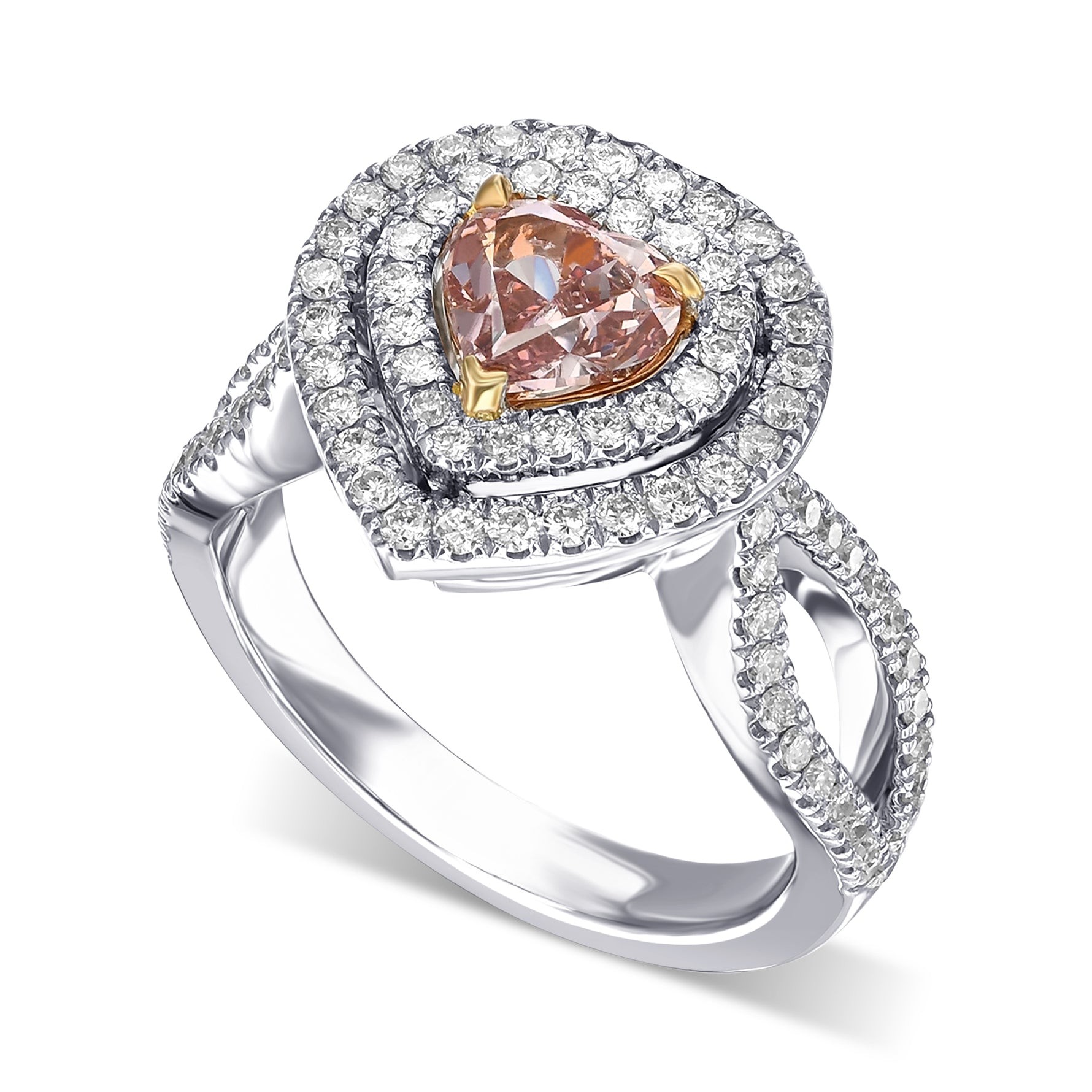 Extraordinary Fancy Orangy Pink Heart Double Halo Diamond Ring