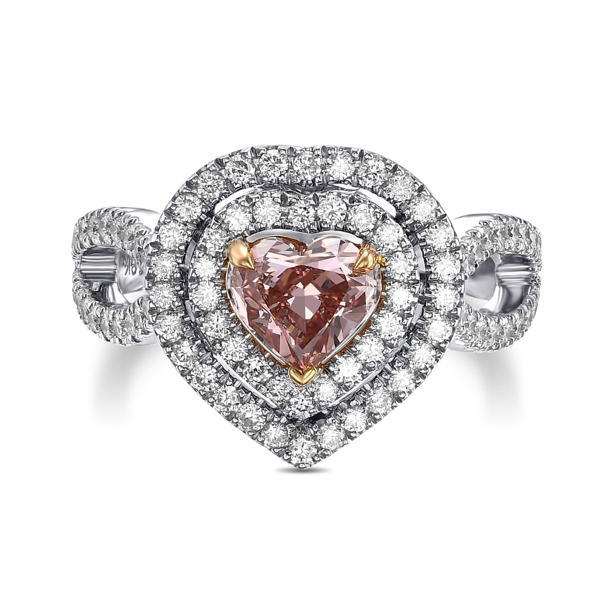 Extraordinary Fancy Orangy Pink Heart Double Halo Diamond Ring