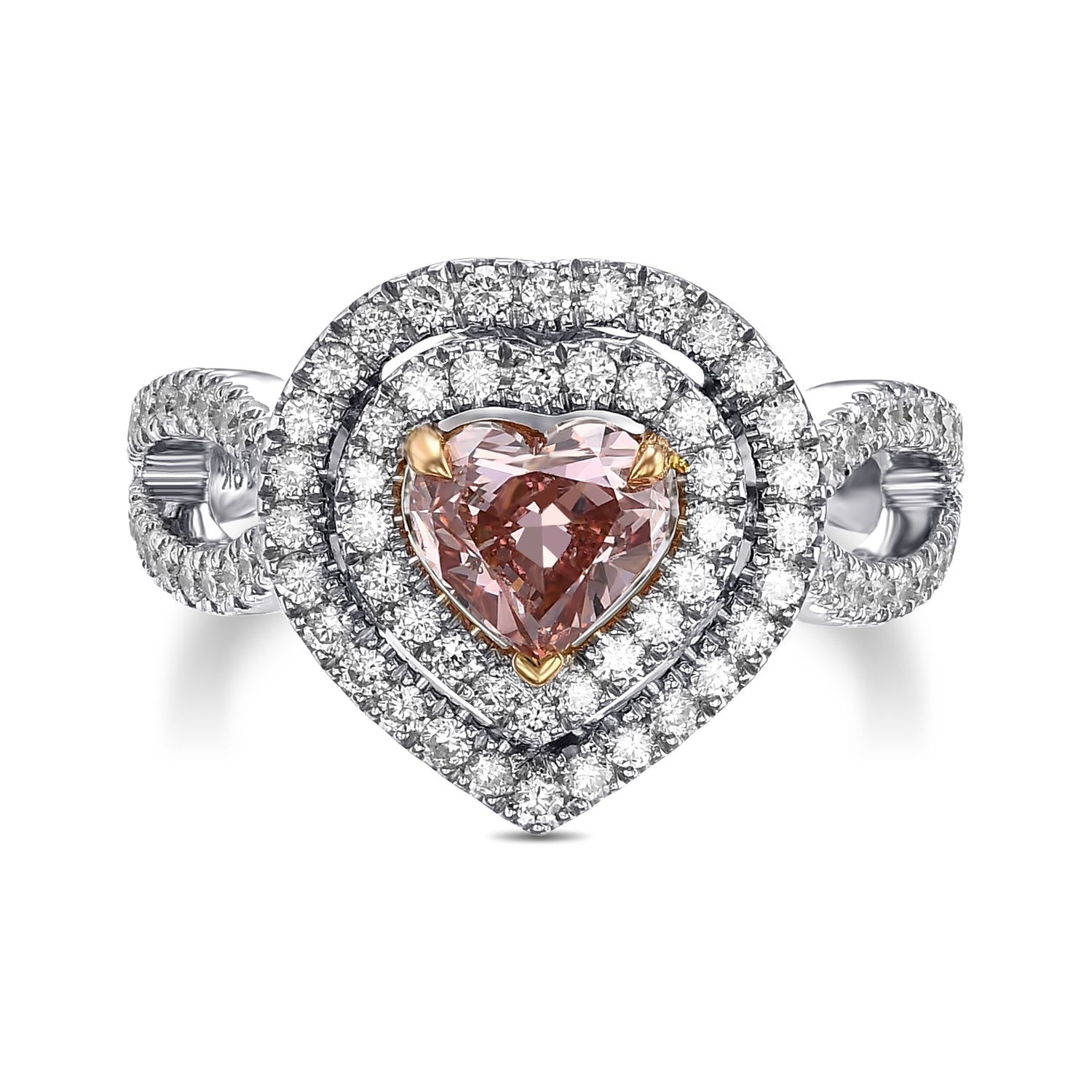 Extraordinary Fancy Orangy Pink Heart Double Halo Diamond Ring
