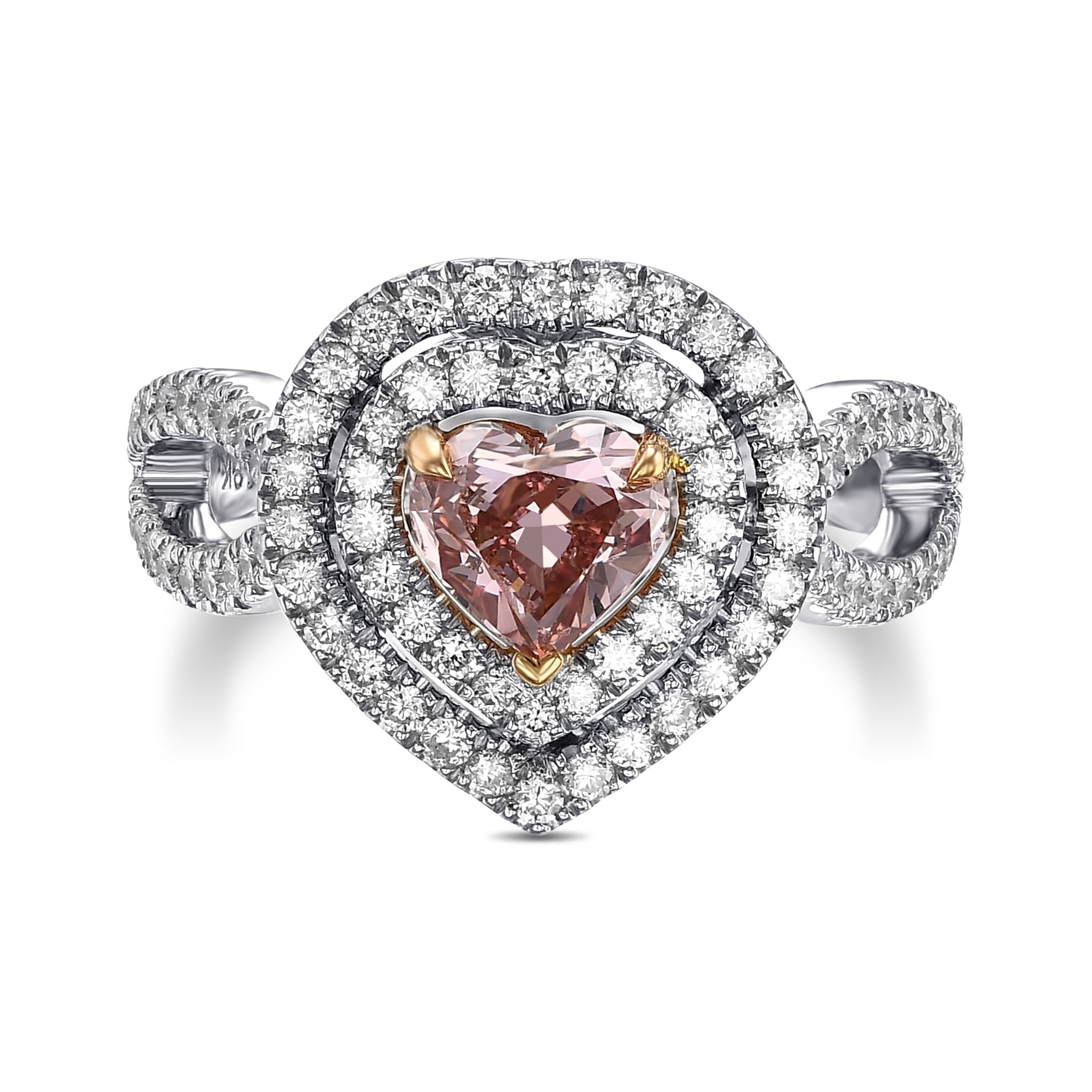 Extraordinary Fancy Orangy Pink Heart Double Halo Diamond Ring