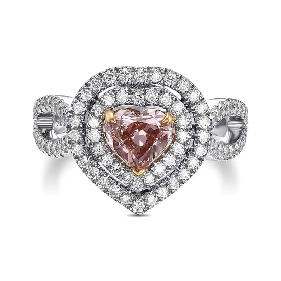 Extraordinary Fancy Orangy Pink Heart Double Halo Diamond Ring