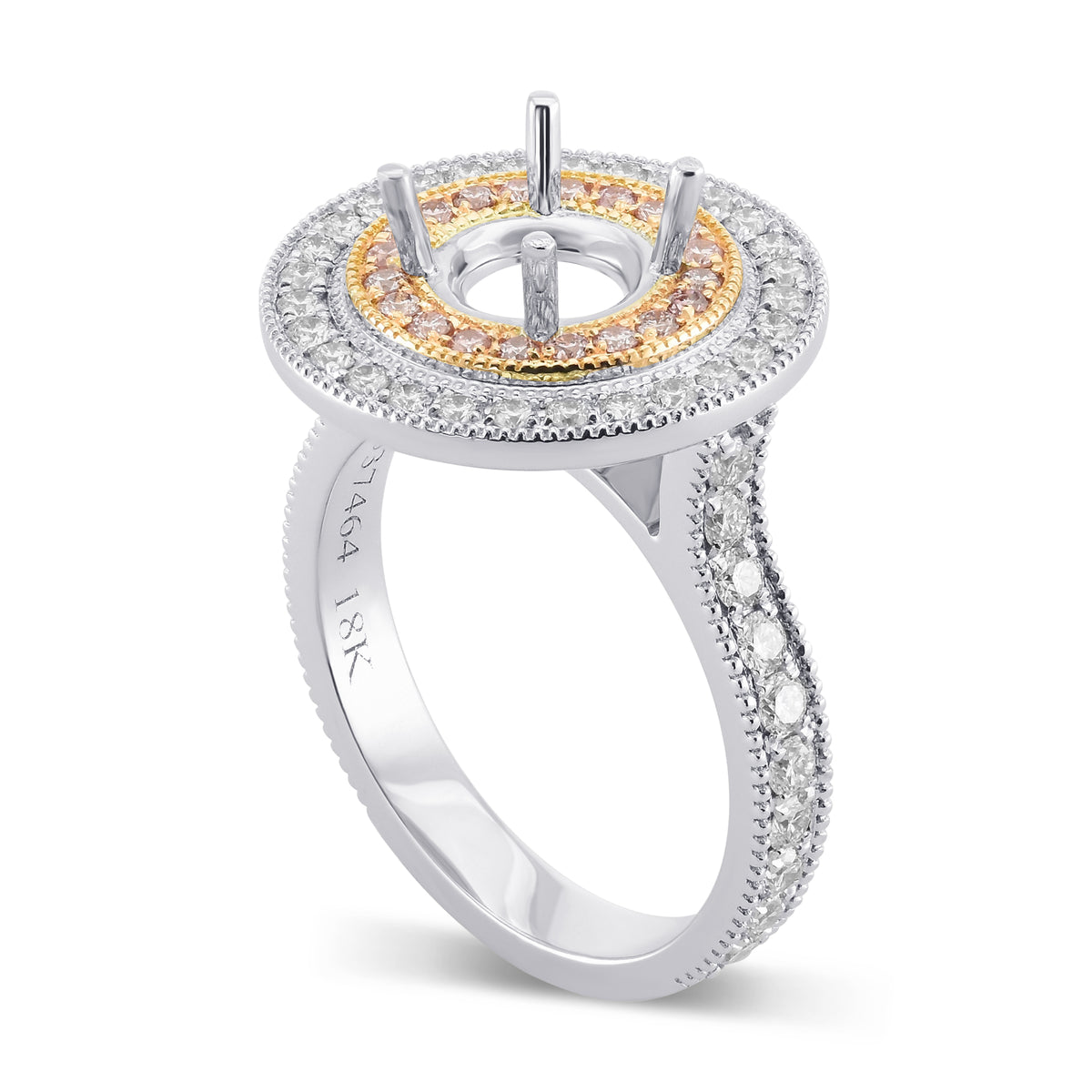 Round White and Pink Diamond Double Halo Ring Setting