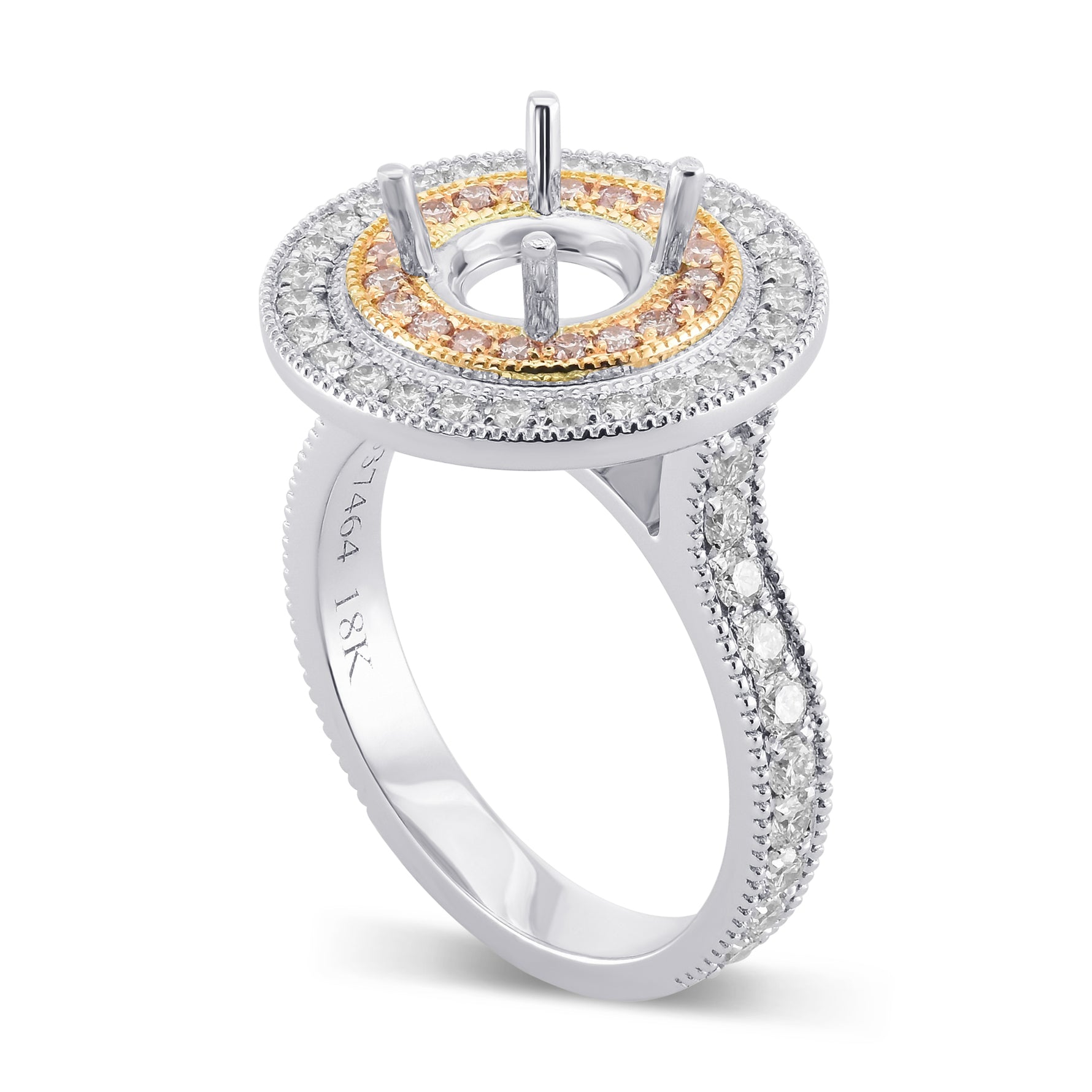 Round White and Pink Diamond Double Halo Ring Setting
