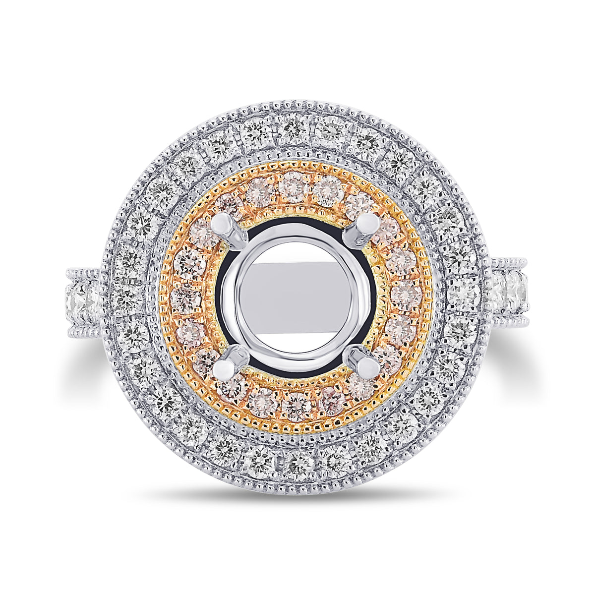 Round White and Pink Diamond Double Halo Ring Setting