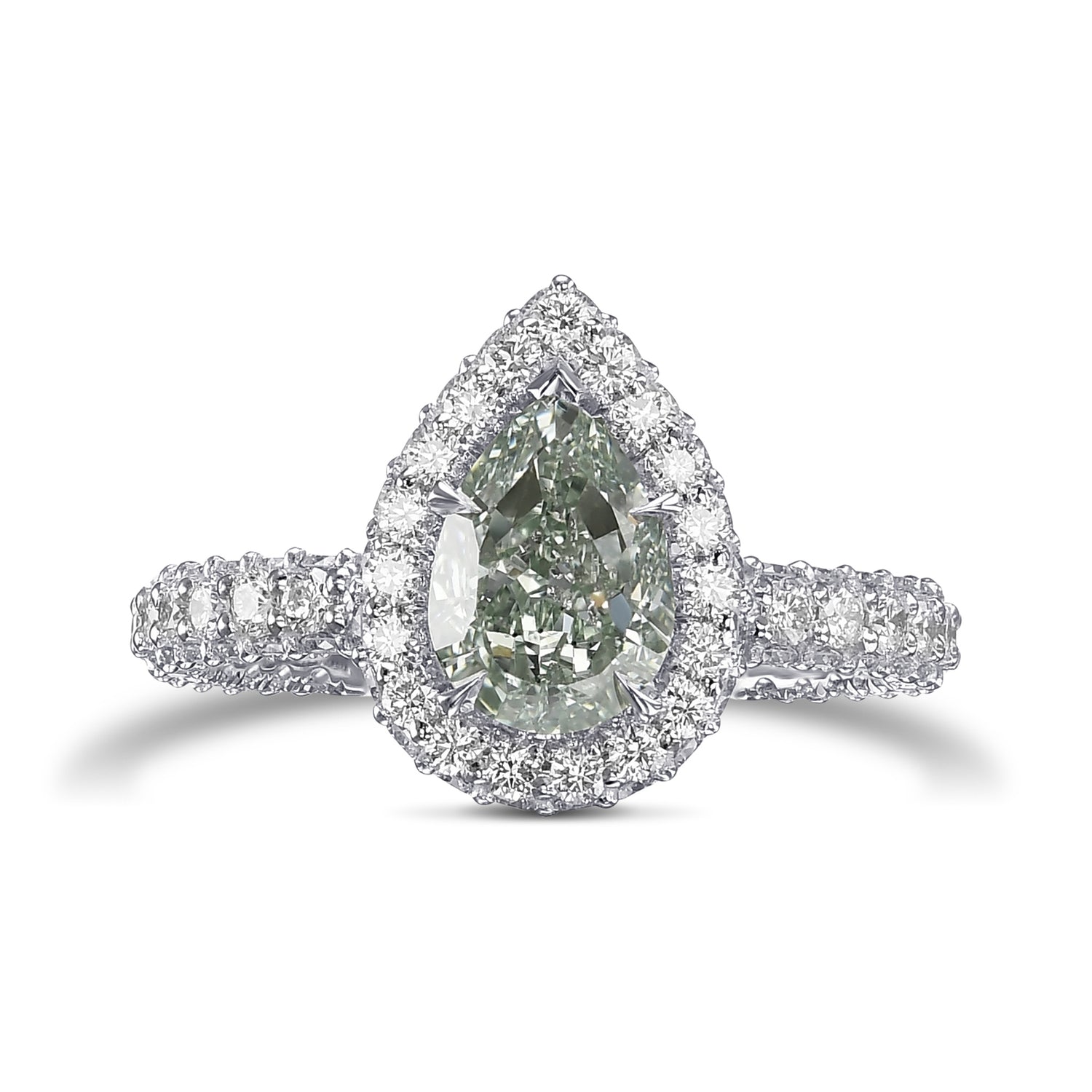 Fancy Intense Green Pear Regal Halo Diamond Ring