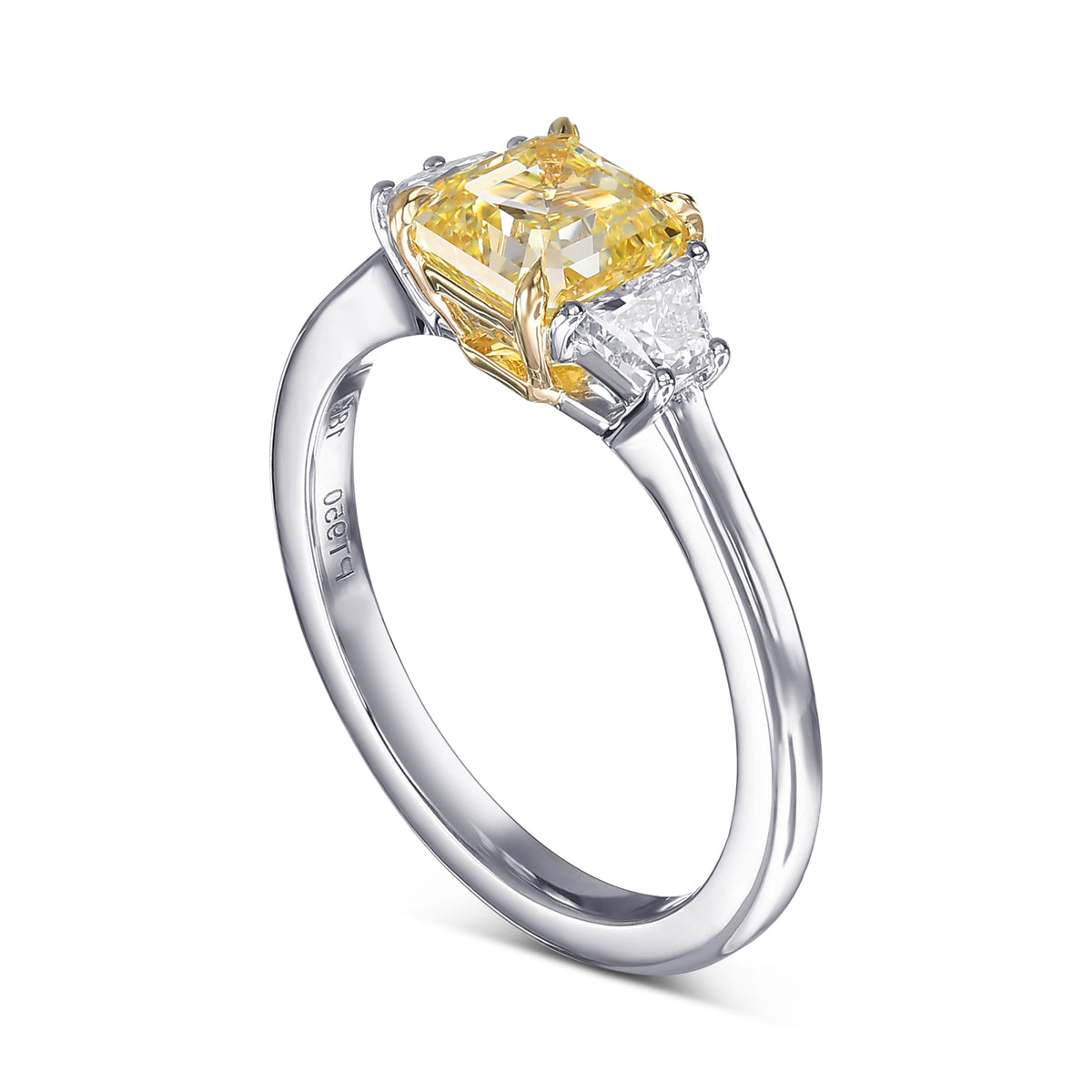 Fancy Intense Yellow Asscher and Trapezoid 3-stone Diamond Ring