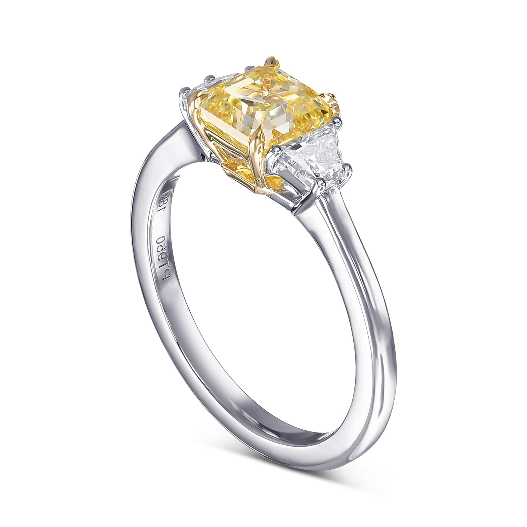 Fancy Intense Yellow Asscher and Trapezoid 3-stone Diamond Ring