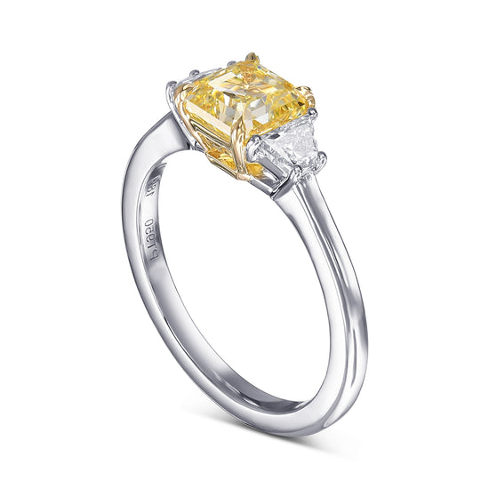 Fancy Intense Yellow Asscher and Trapezoid 3-stone Diamond Ring