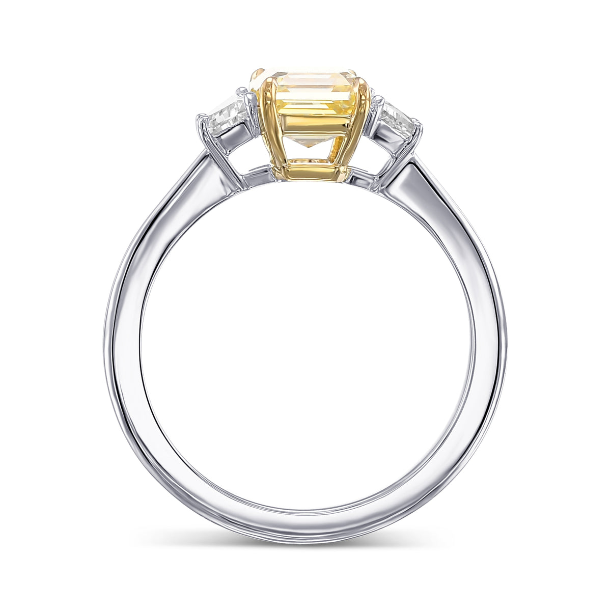 Fancy Intense Yellow Asscher and Trapezoid 3-stone Diamond Ring
