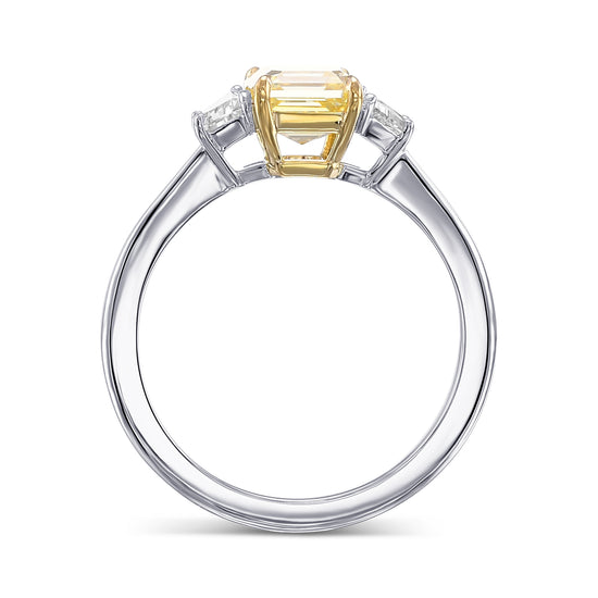 Fancy Intense Yellow Asscher and Trapezoid 3-stone Diamond Ring