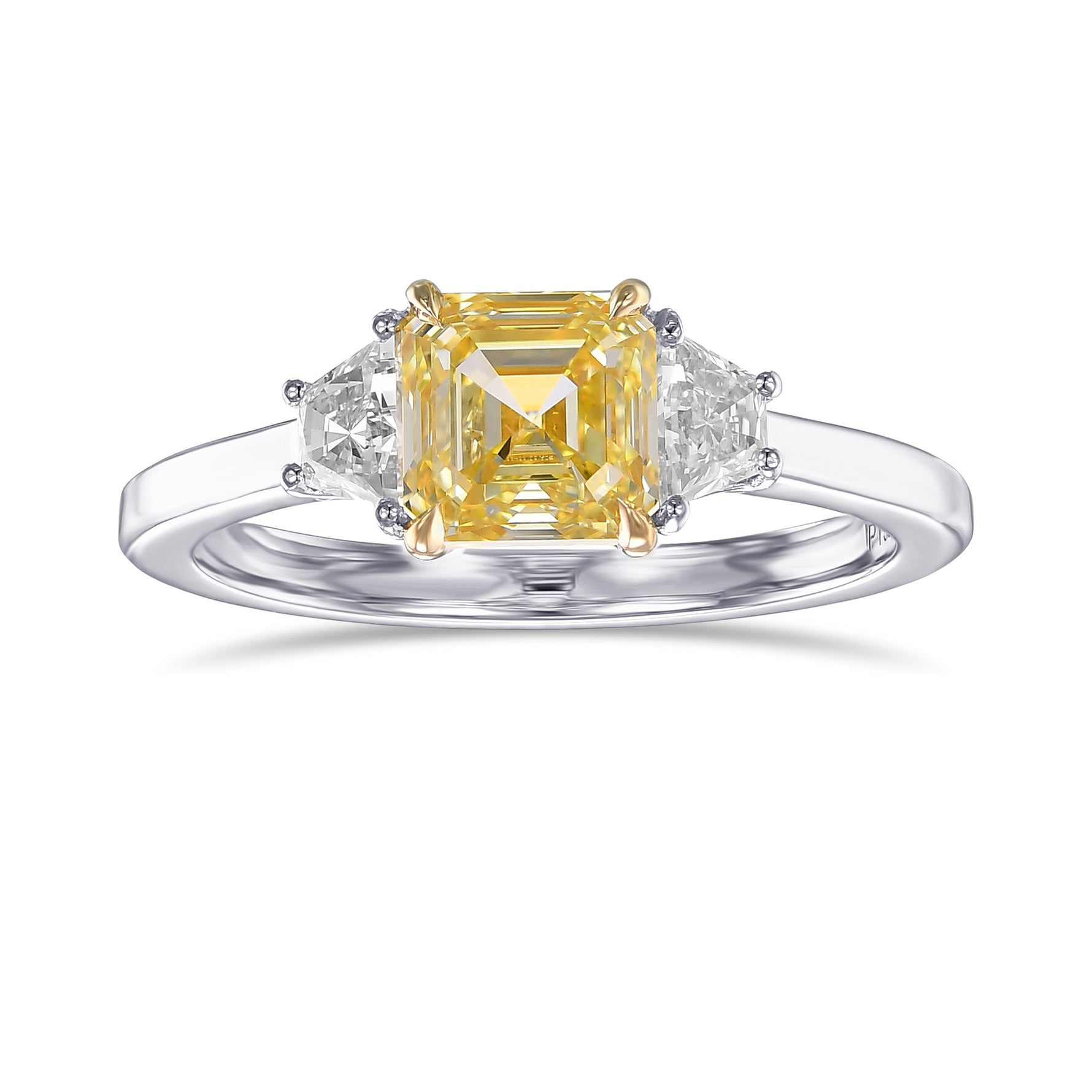 Fancy Intense Yellow Asscher and Trapezoid 3-stone Diamond Ring