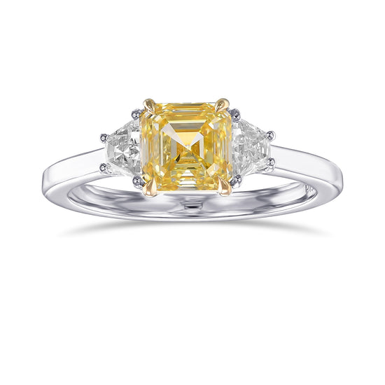 Fancy Intense Yellow Asscher and Trapezoid 3-stone Diamond Ring