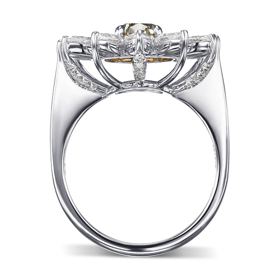 Fancy Dark Gray Yellowish Green Pear Halo Diamond Ring