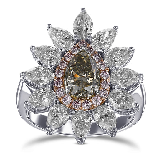 Fancy Dark Gray Yellowish Green Pear Halo Diamond Ring
