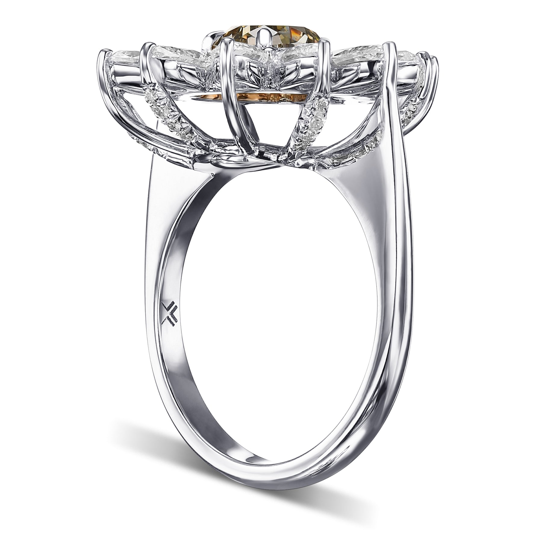 Fancy Dark Gray Yellowish Green Pear Halo Diamond Ring