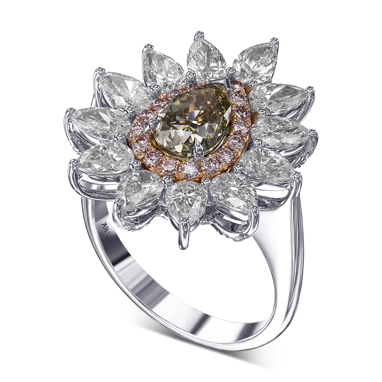 Fancy Dark Gray Yellowish Green Pear Halo Diamond Ring