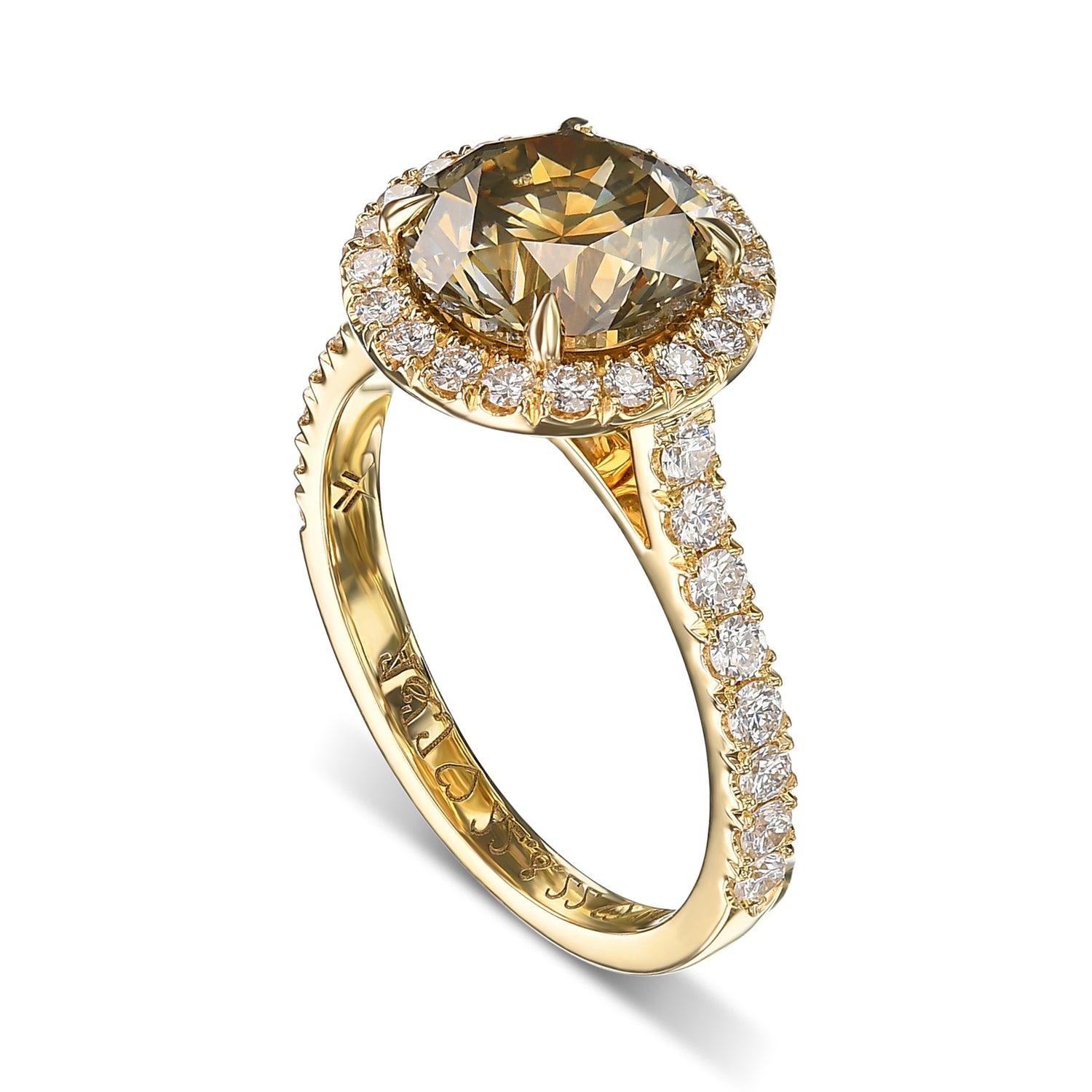 Fancy Dark Brown Greenish Yellow Round Halo Diamond 