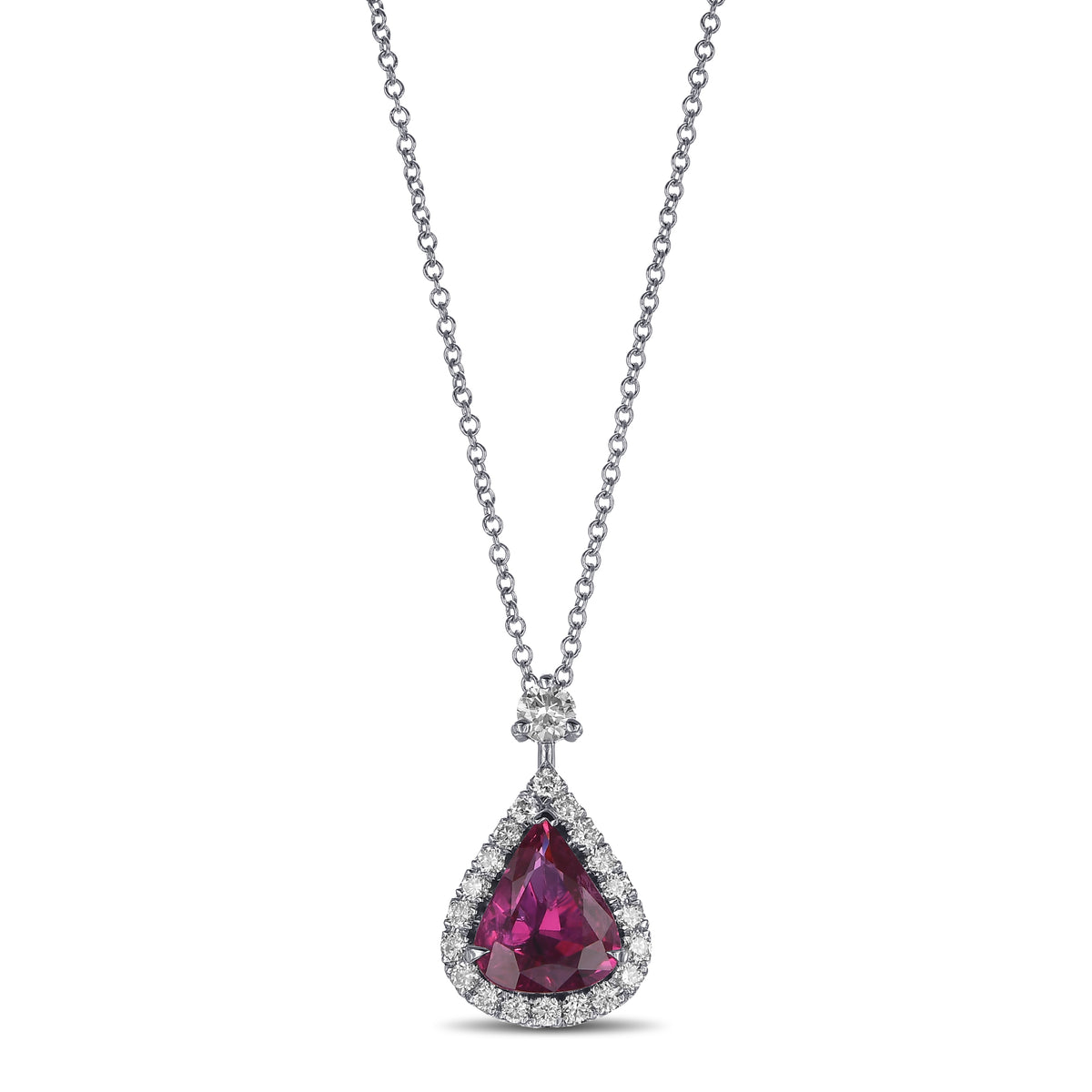 Pear Purplish Red Ruby and Diamond Halo Pendant