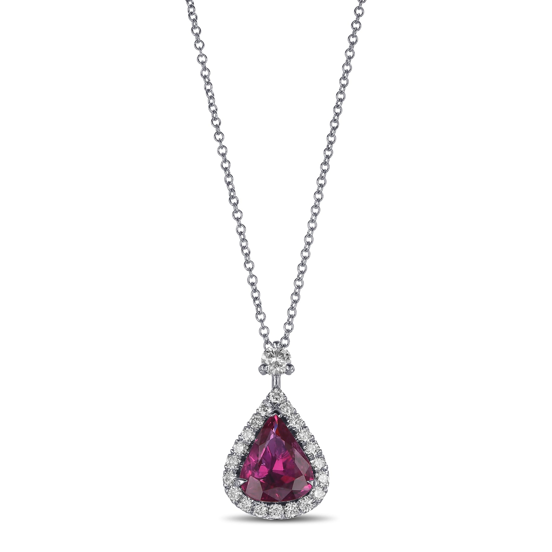 Pear Purplish Red Ruby and Diamond Halo Pendant