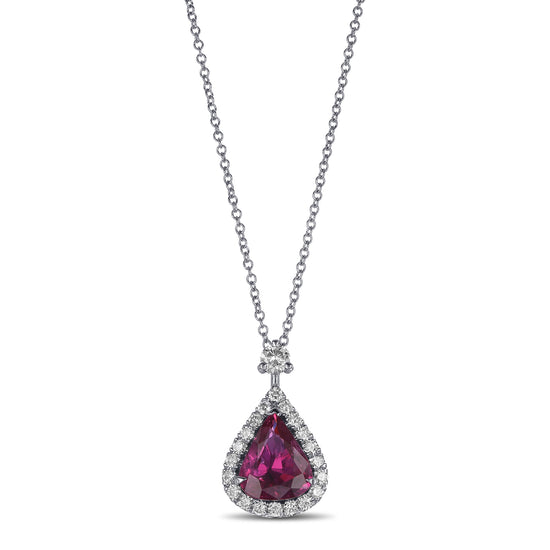 Pear Purplish Red Ruby and Diamond Halo Pendant