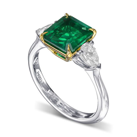 Muzo Emerald & Pear Diamond 3 Stone Ring