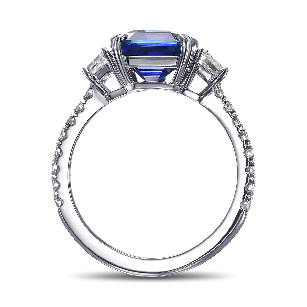Emerald Shape Royal Blue Sapphire 3-Stone Ring