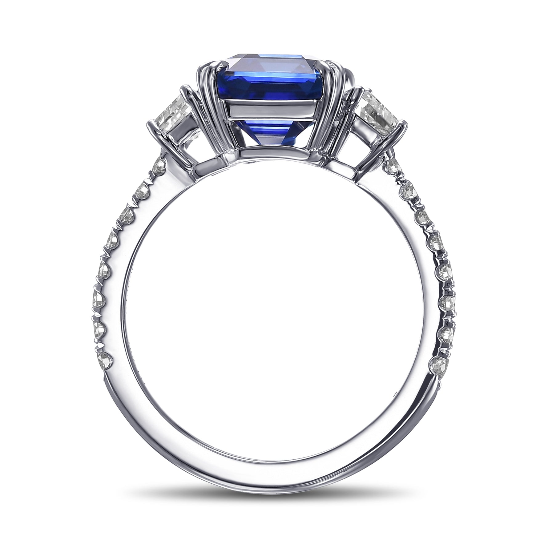 Emerald Shape Royal Blue Sapphire 3-Stone Ring