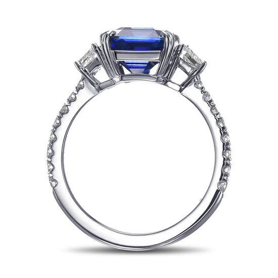 Emerald Shape Royal Blue Sapphire 3-Stone Ring