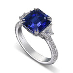 Emerald Shape Royal Blue Sapphire 3-Stone Ring