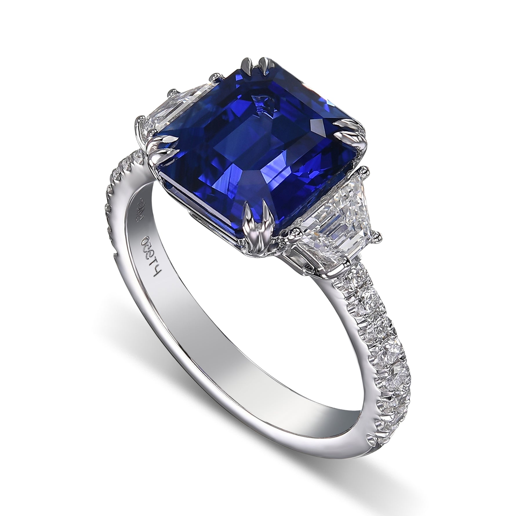 Emerald Shape Royal Blue Sapphire 3-Stone Ring