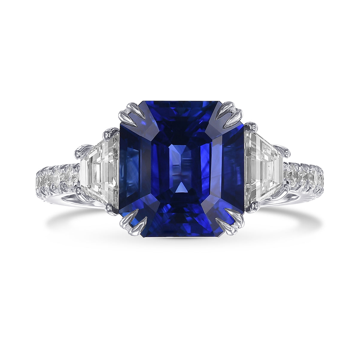 Emerald Shape Royal Blue Sapphire 3-Stone Ring