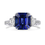 Emerald Shape Royal Blue Sapphire 3-Stone Ring