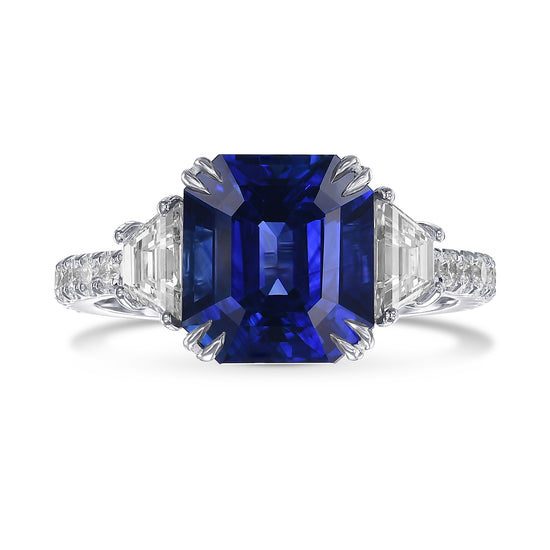 Emerald Shape Royal Blue Sapphire 3-Stone Ring