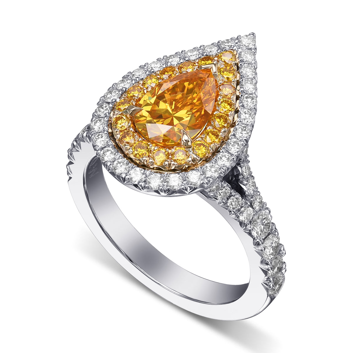 Fancy Vivid Yellow Orange Pear Double Halo Diamond Ring