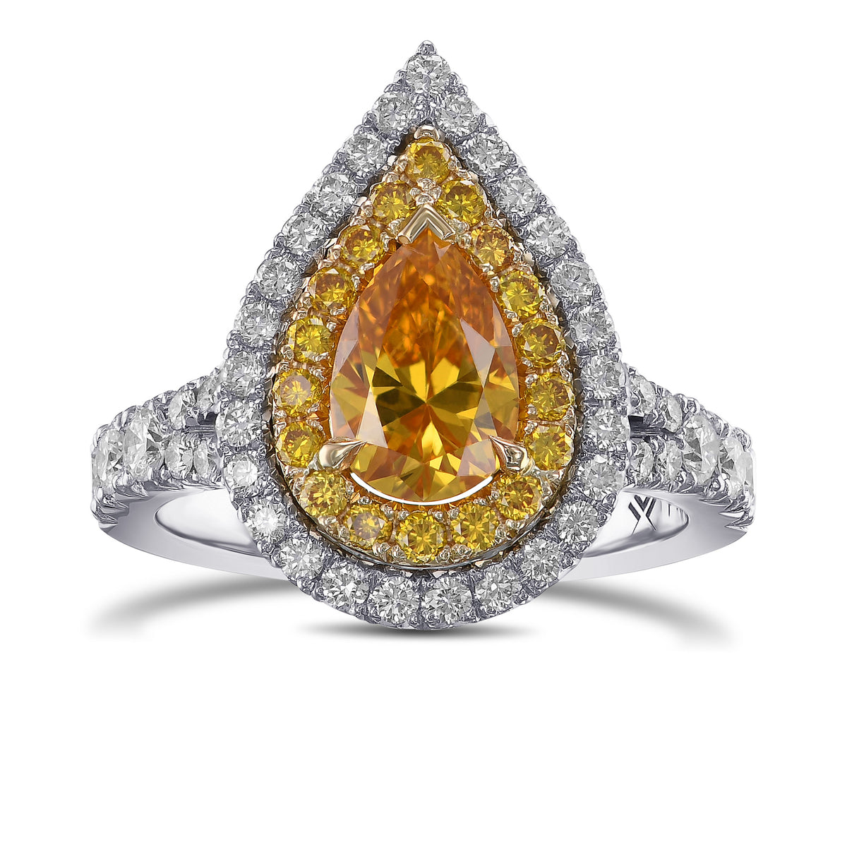 Fancy Vivid Yellow Orange Pear Double Halo Diamond Ring