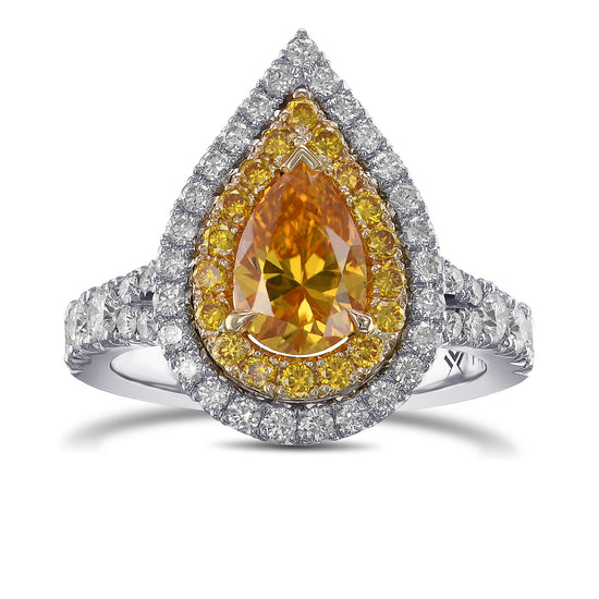 Fancy Vivid Yellow Orange Pear Double Halo Diamond Ring