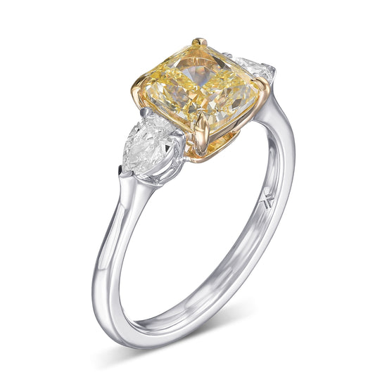 Fancy Yellow Cushion 3 Stone Diamond Ring