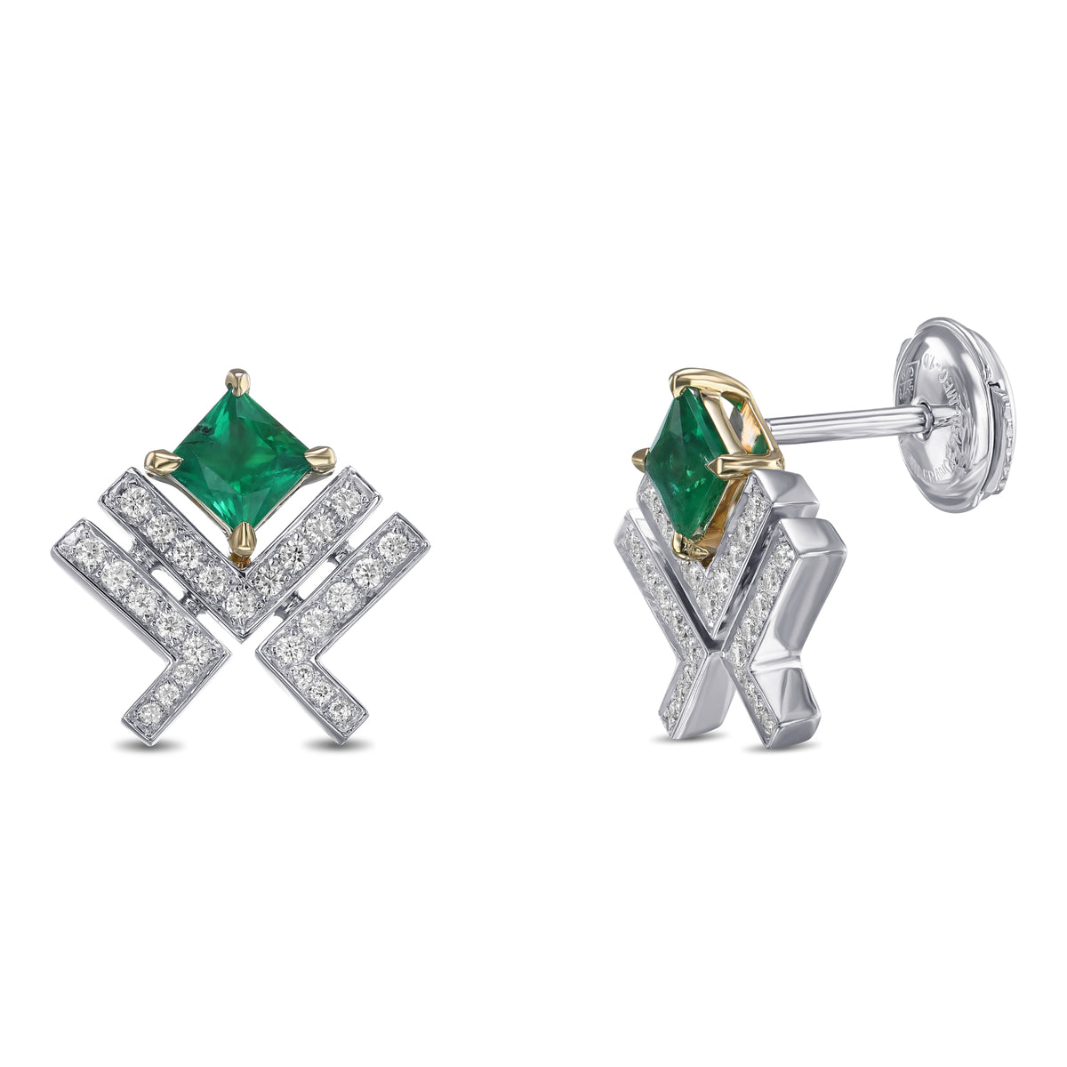 Princess Green Emerald Leibish Logo Pave Earrings