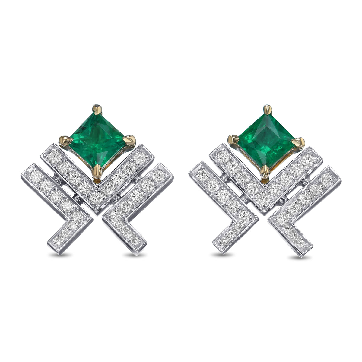Princess Green Emerald Leibish Logo Pave Earrings