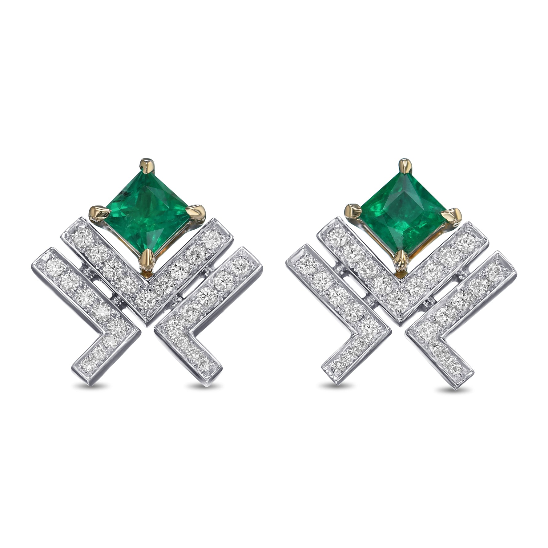Princess Green Emerald Leibish Logo Pave Earrings