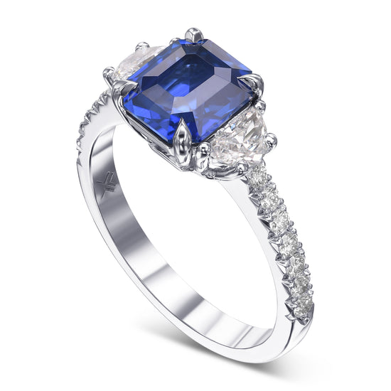 Emerald-cut Sapphire & Half-moon Diamond 3-stone