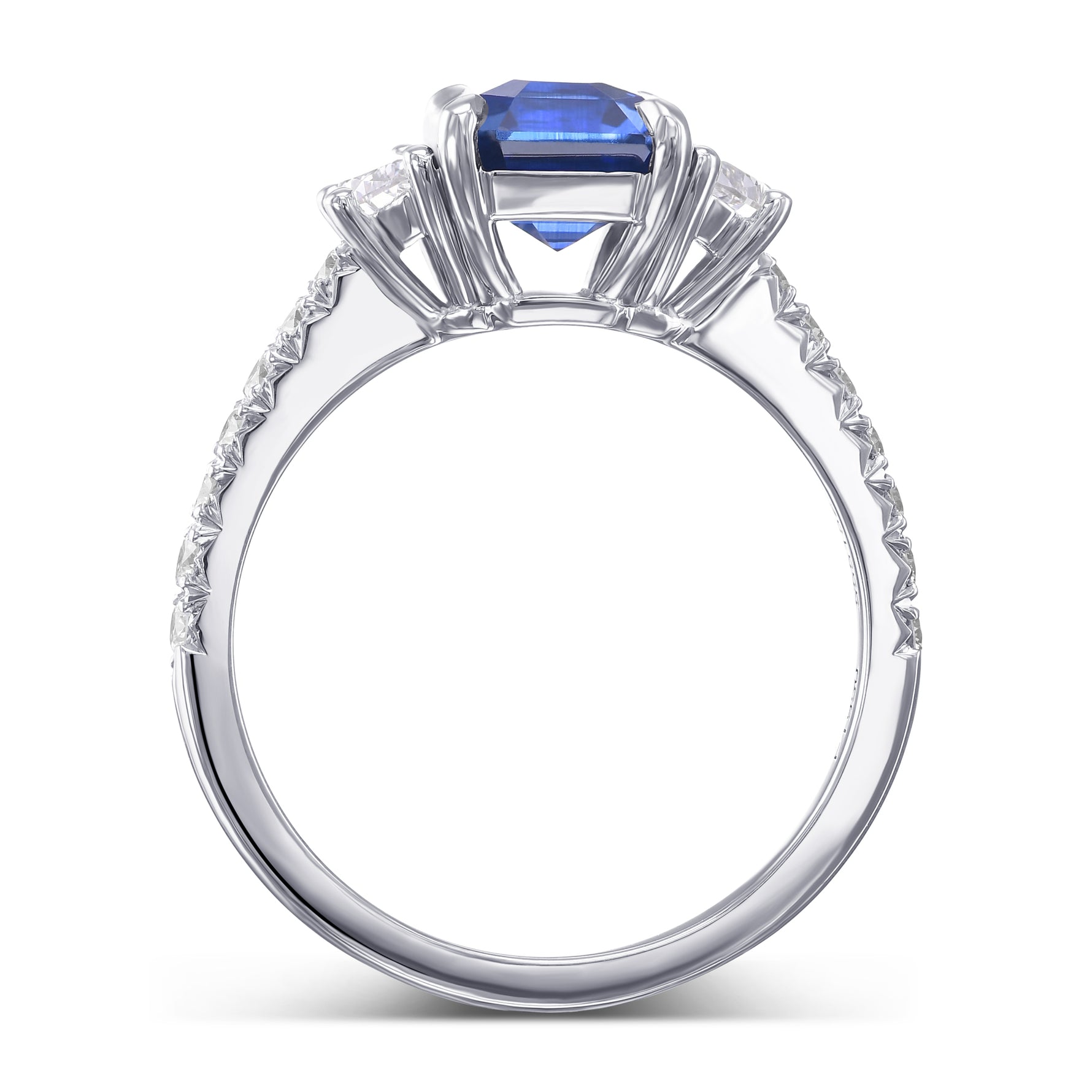 Emerald-cut Sapphire & Half-moon Diamond 3-stone