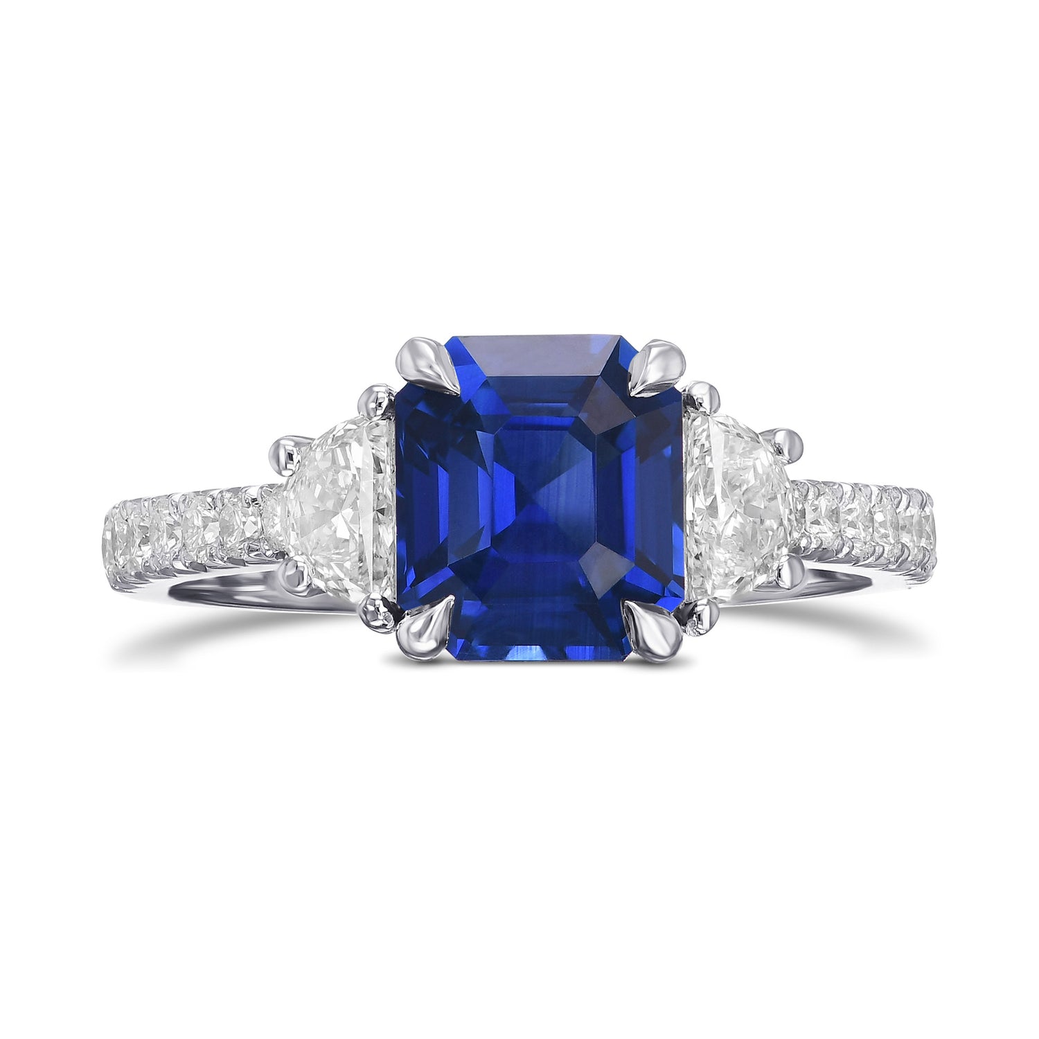 Emerald-cut Sapphire & Half-moon Diamond 3-stone